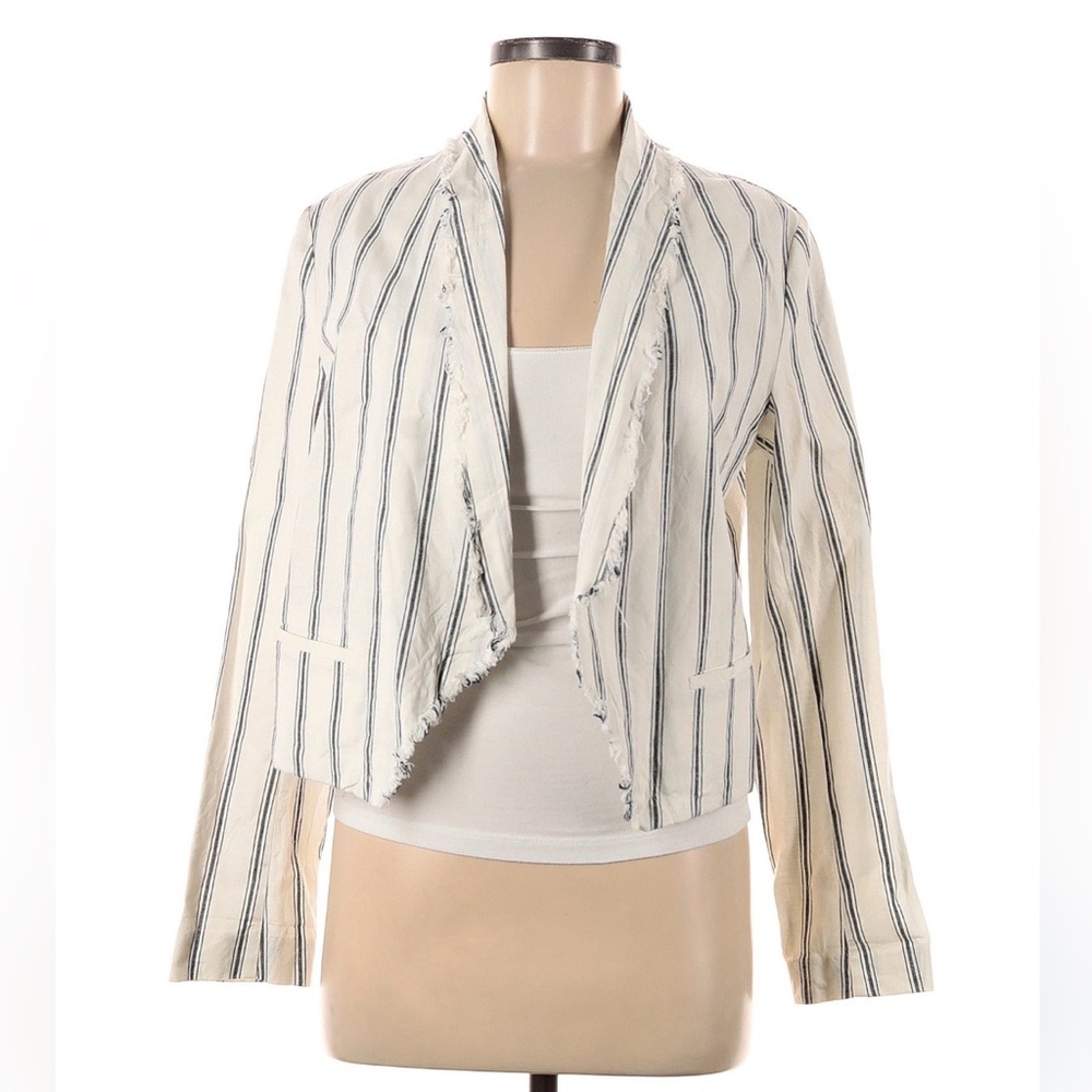 DREW Linen Blend Open Front Striped Blazer